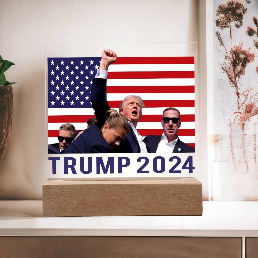 Trump 2024 Butler Rally Acrylic Plaque with LED Lighted Wooden Base