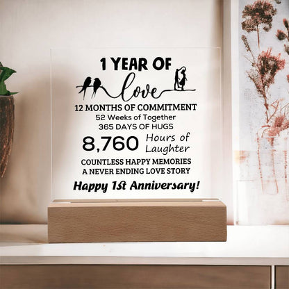 Anniversary Gift One Year of Love, Countless Happy Memories Acrylic Square Plaque with LED Wooden Base