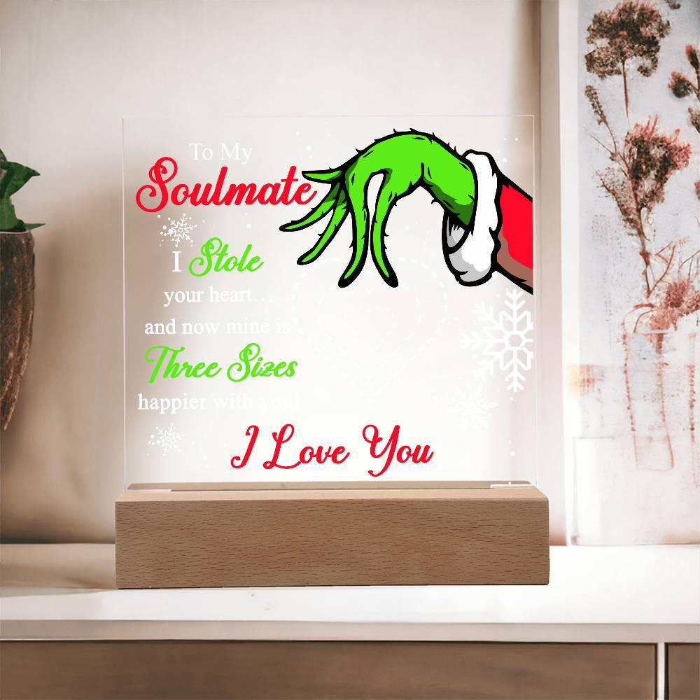 Soulmate Gift - Stole My Heart - Christmas Acrylic Plaque with Lighted LED wooden Base