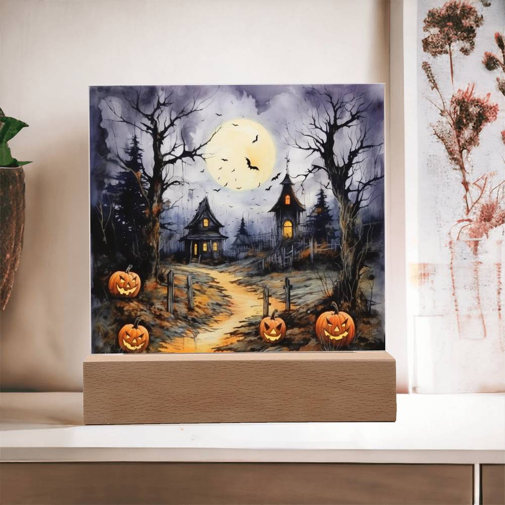 Halloween Haunt: Detailed Mansion Acrylic Plaque with LED Lighted Wooden Base