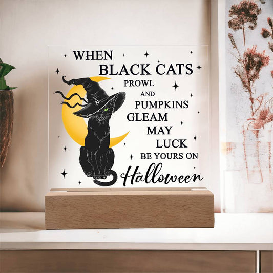 Halloween Decor - Black Cats and Pumpkins Gleam Acrylic Square Plaque with LED Wooden Base