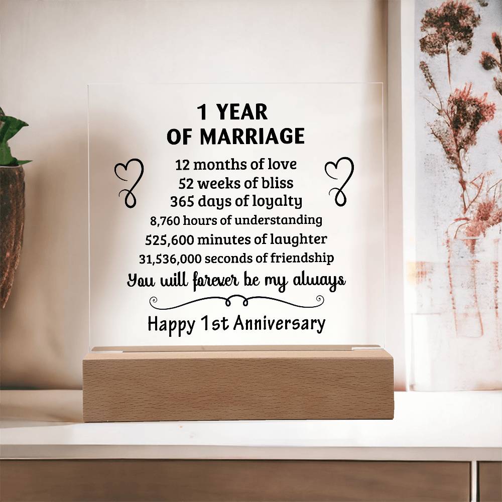 Anniversary Gift - One Year Of Marriage Acrylic Square Plaque with LED Wooden Base