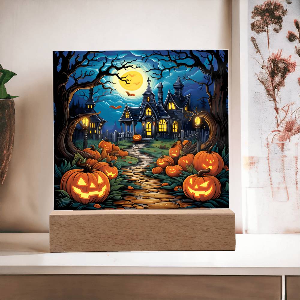 Halloween Decor Haunted Mansion Acrylic Square Plaque with LED Wooden Base