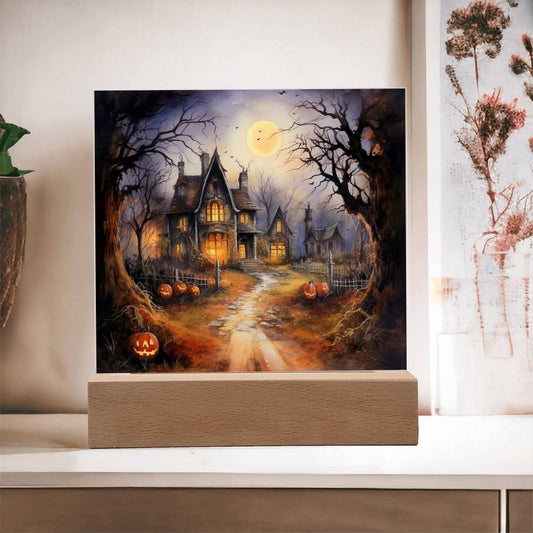 Ghostly Manor: Halloween Acrylic Square Plaque with LED Lighted Wooden Base