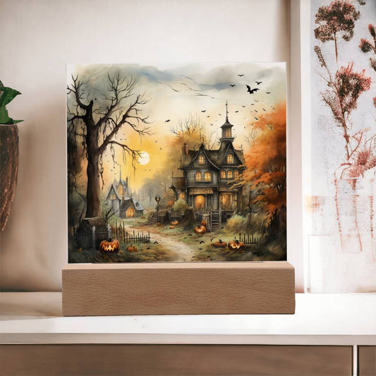 Spectral Spire: Spooky Halloween Mansion Acrylic Square Plaque with LED Lighted Wooden Base