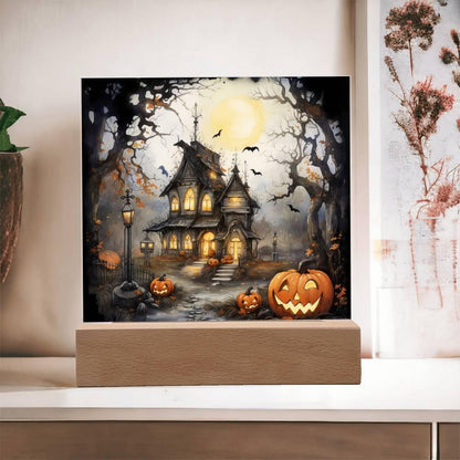 Chilling Manor: Haunted Halloween Mansion Acrylic Square Plaque with LED Lighted Wooden Base