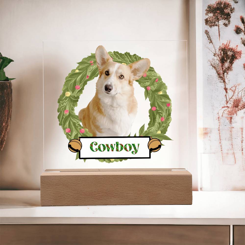 Pet Personalized Holiday Wreath Photo Upload Keepsake Acrylic Plaque with Lighted LED Wooden Base