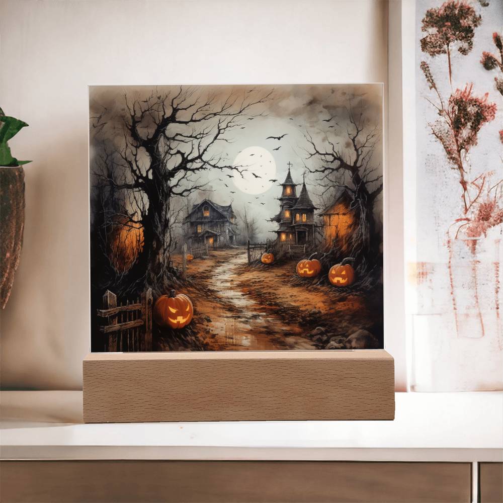 Shadowy Stronghold: Unique Mansion Halloween Acrylic Lighted Plaque