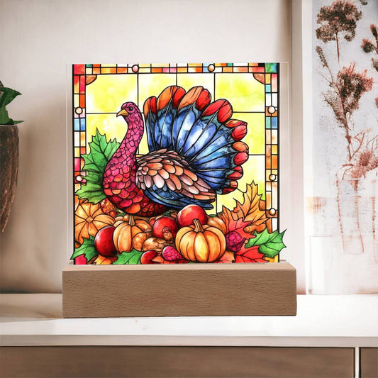 Thanksgiving Turkey Stained-glass Acrylic Square LED Lighted Wooden Base