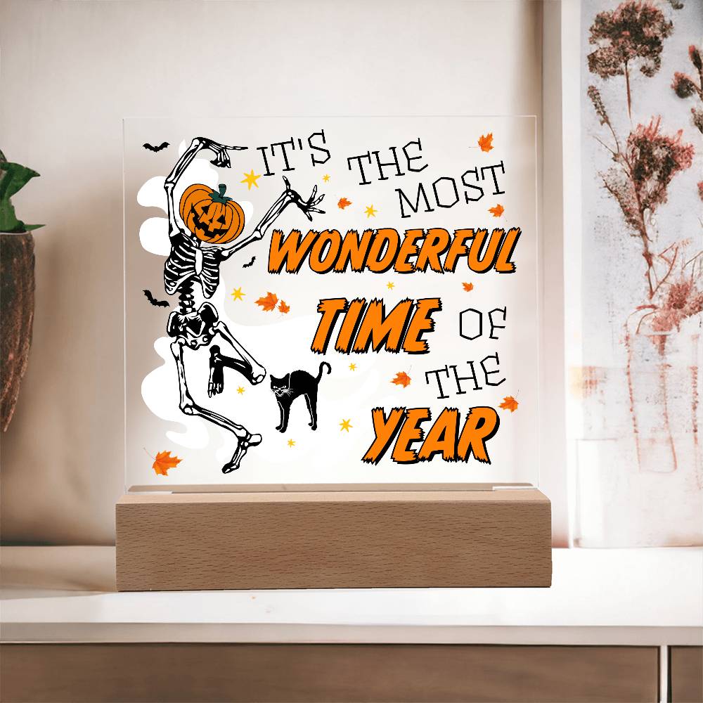 Halloween Decor - The Most Wonderful Time of the Year Acrylic Square Plaque with LED Wooden Base