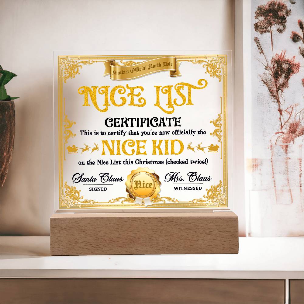 Christmas Decor - Nice Kid List Certificate Acrylic Square Plaque with LED Wooden Base