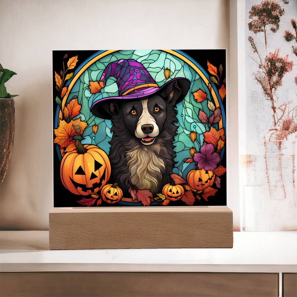 Dog Halloween Portrait Stained Glass Acrylic Plaque with LED Lighted Wooden Base