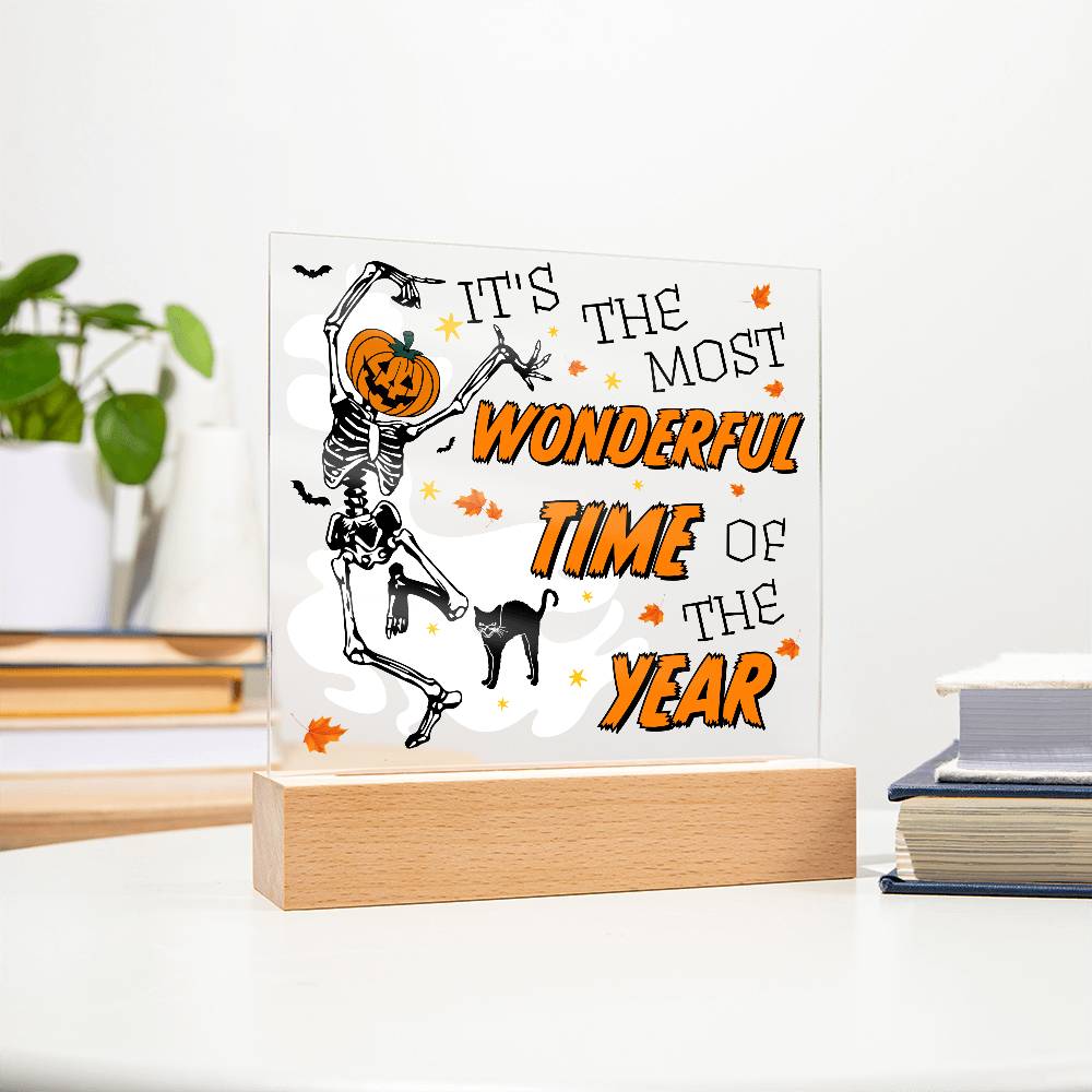 Halloween Decor - The Most Wonderful Time of the Year Acrylic Square Plaque with LED Wooden Base