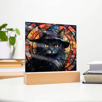 Halloween Decor - Spooky Black Cat Acrylic Square Plaque with LED Wooden Base