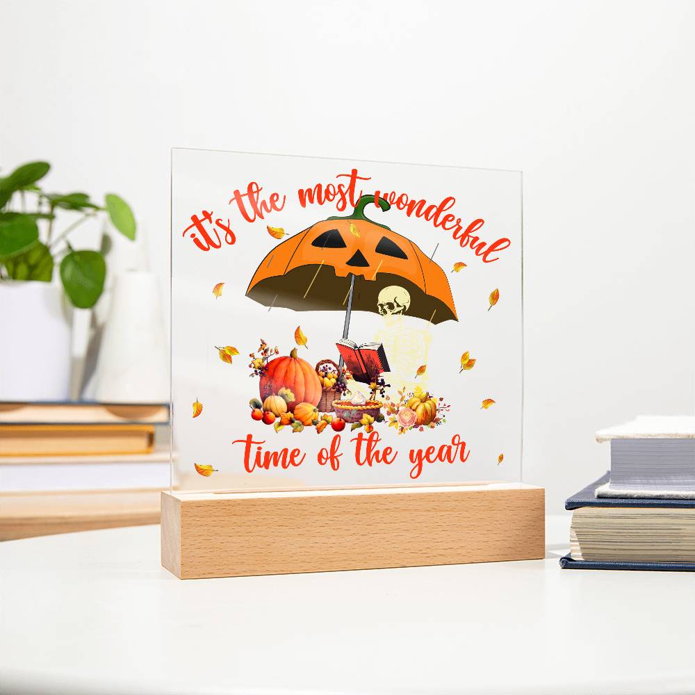 Halloween Decor - Most Wonderful Time of The Year Acrylic Square Plaque with LED Wooden Base