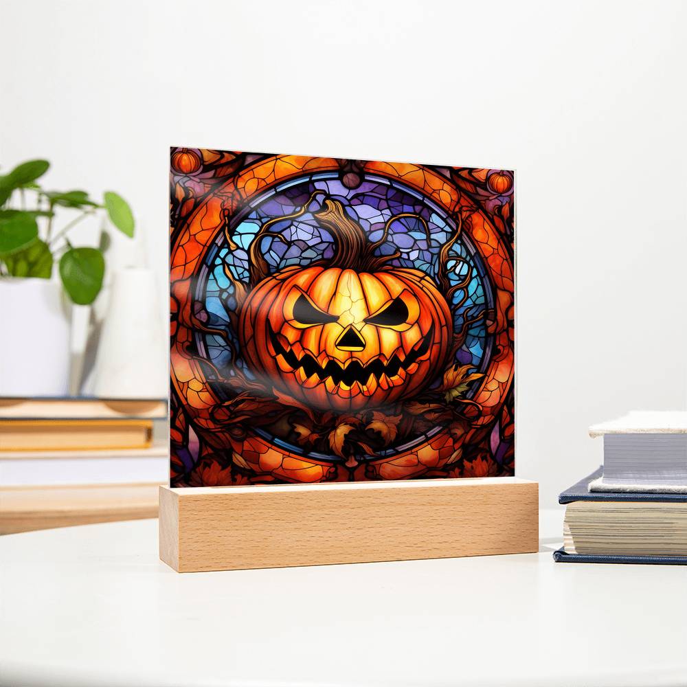 Halloween Pumpkin Stained-Glass Acrylic Square Plaque with LED Wooden Base