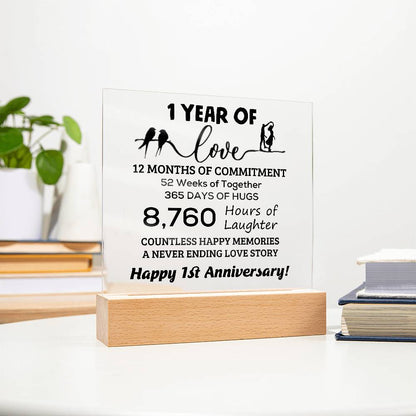 Anniversary Gift One Year of Love, Countless Happy Memories Acrylic Square Plaque with LED Wooden Base