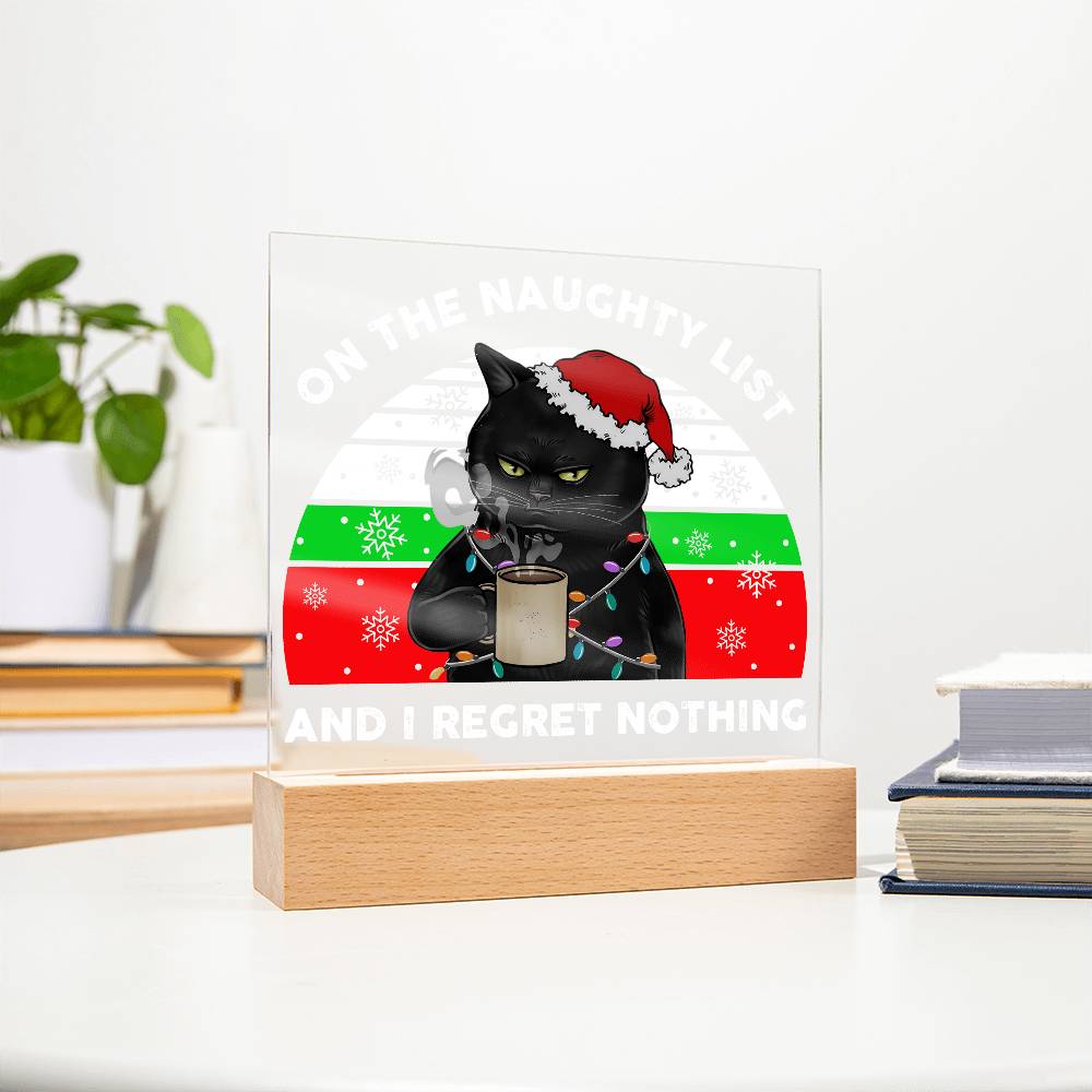 Christmas Santa's Naughty List Acrylic Square Plaque with LED Wooden Base