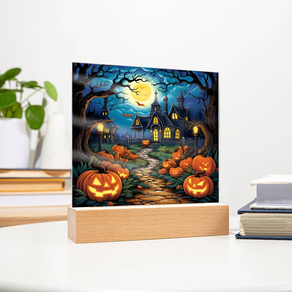 Halloween Decor Haunted Mansion Acrylic Square Plaque with LED Wooden Base