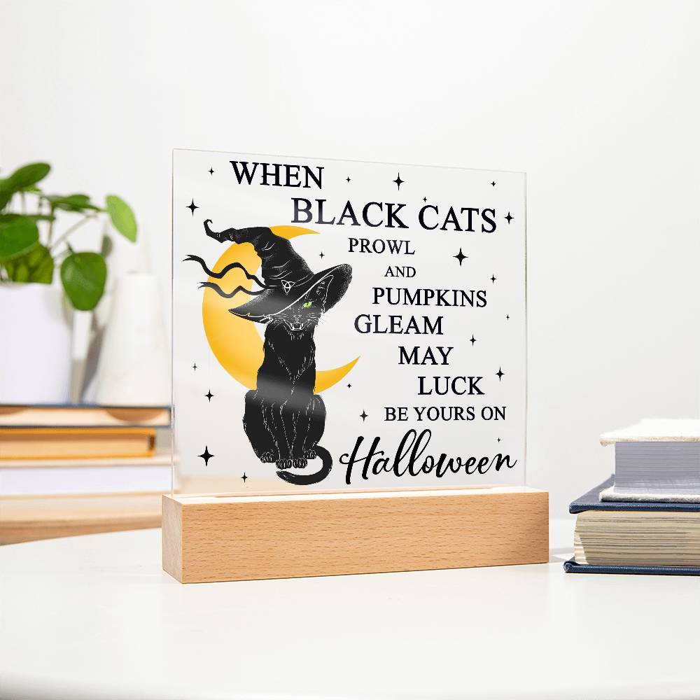 Halloween Decor - Black Cats and Pumpkins Gleam Acrylic Square Plaque with LED Wooden Base