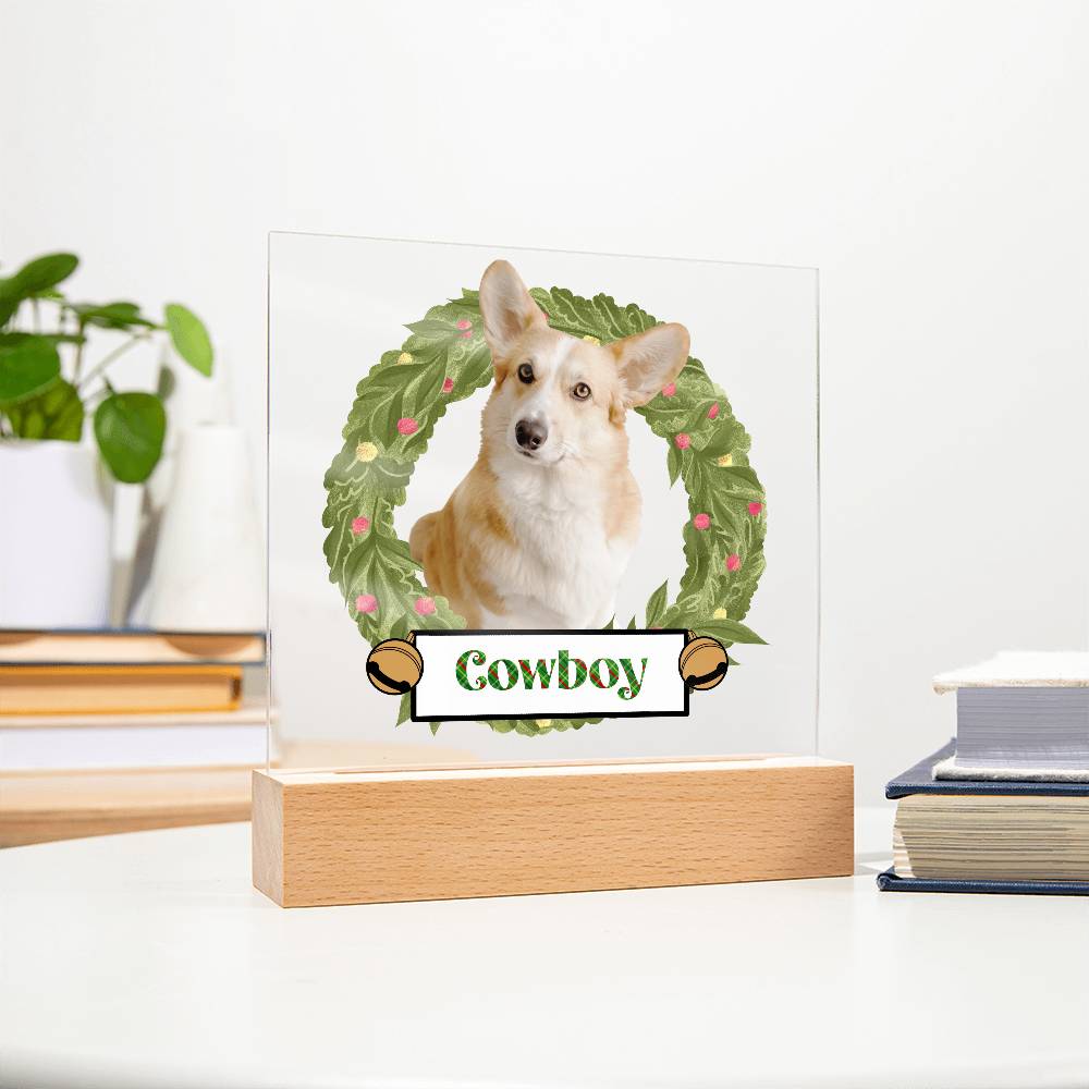 Pet Personalized Holiday Wreath Photo Upload Keepsake Acrylic Plaque with Lighted LED Wooden Base