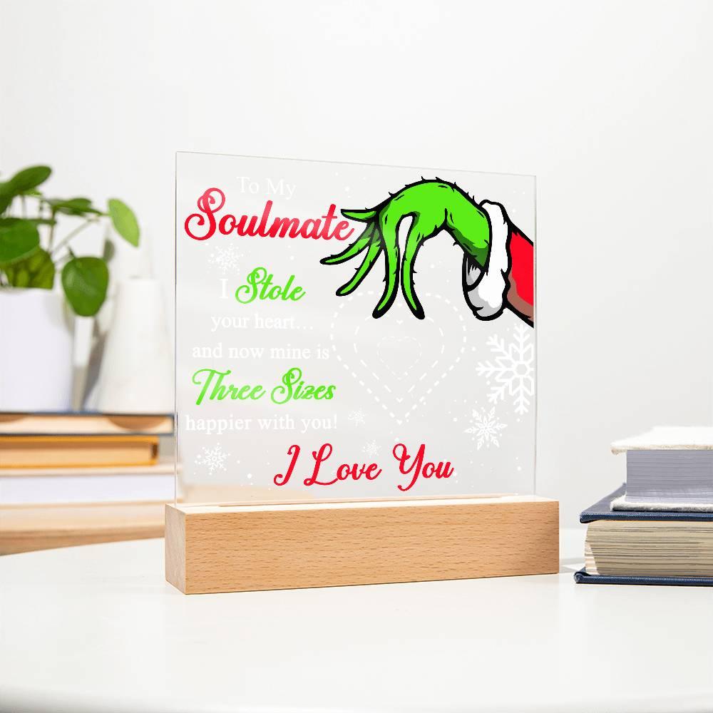 Soulmate Gift - Stole My Heart - Christmas Acrylic Plaque with Lighted LED wooden Base