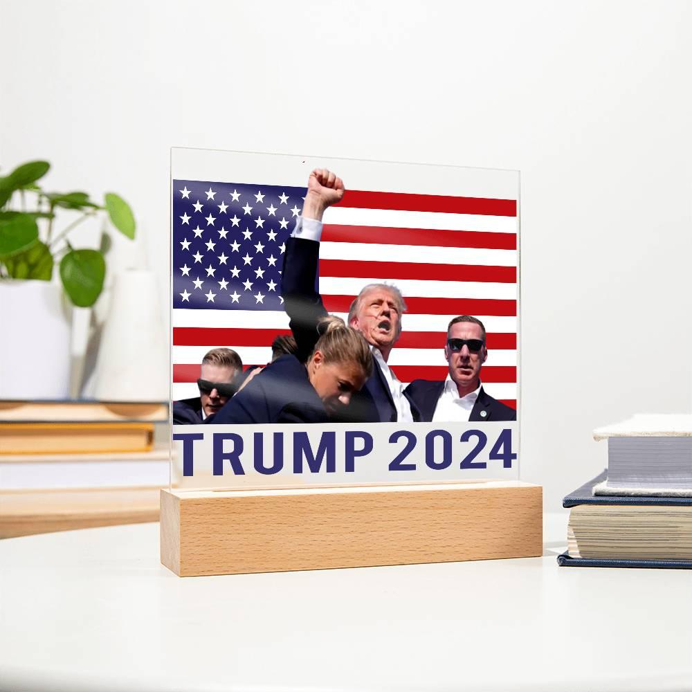 Trump 2024 Butler Rally Acrylic Plaque with LED Lighted Wooden Base