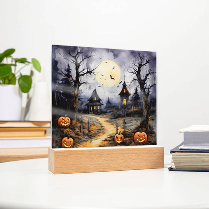 Halloween Haunt: Detailed Mansion Acrylic Plaque with LED Lighted Wooden Base