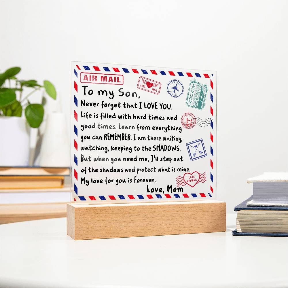 Letter To My Son, Love, Mom Acrylic Square Plaque with LED Wooden Base