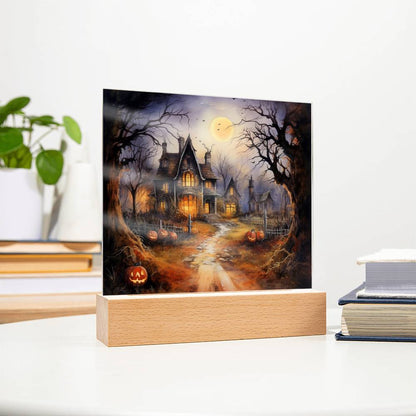 Ghostly Manor: Halloween Acrylic Square Plaque with LED Lighted Wooden Base