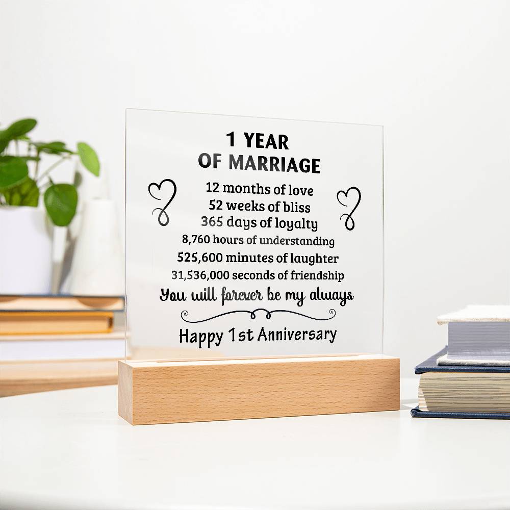 Anniversary Gift - One Year Of Marriage Acrylic Square Plaque with LED Wooden Base