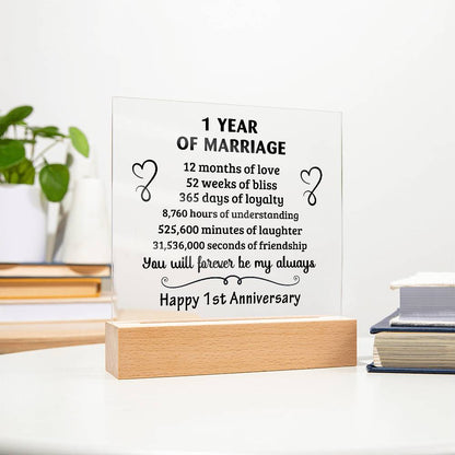 Anniversary Gift - One Year Of Marriage Acrylic Square Plaque with LED Wooden Base