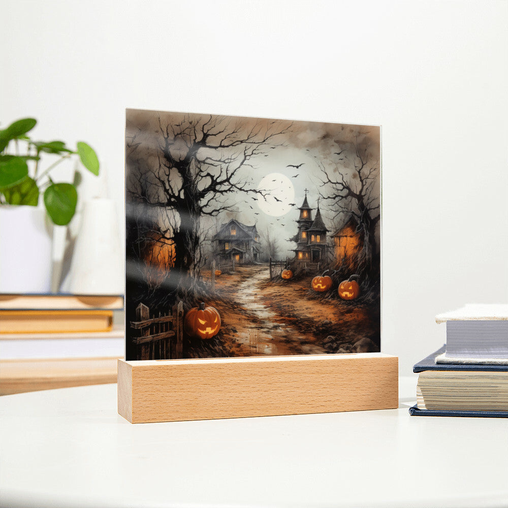 Shadowy Stronghold: Unique Mansion Halloween Acrylic Lighted Plaque