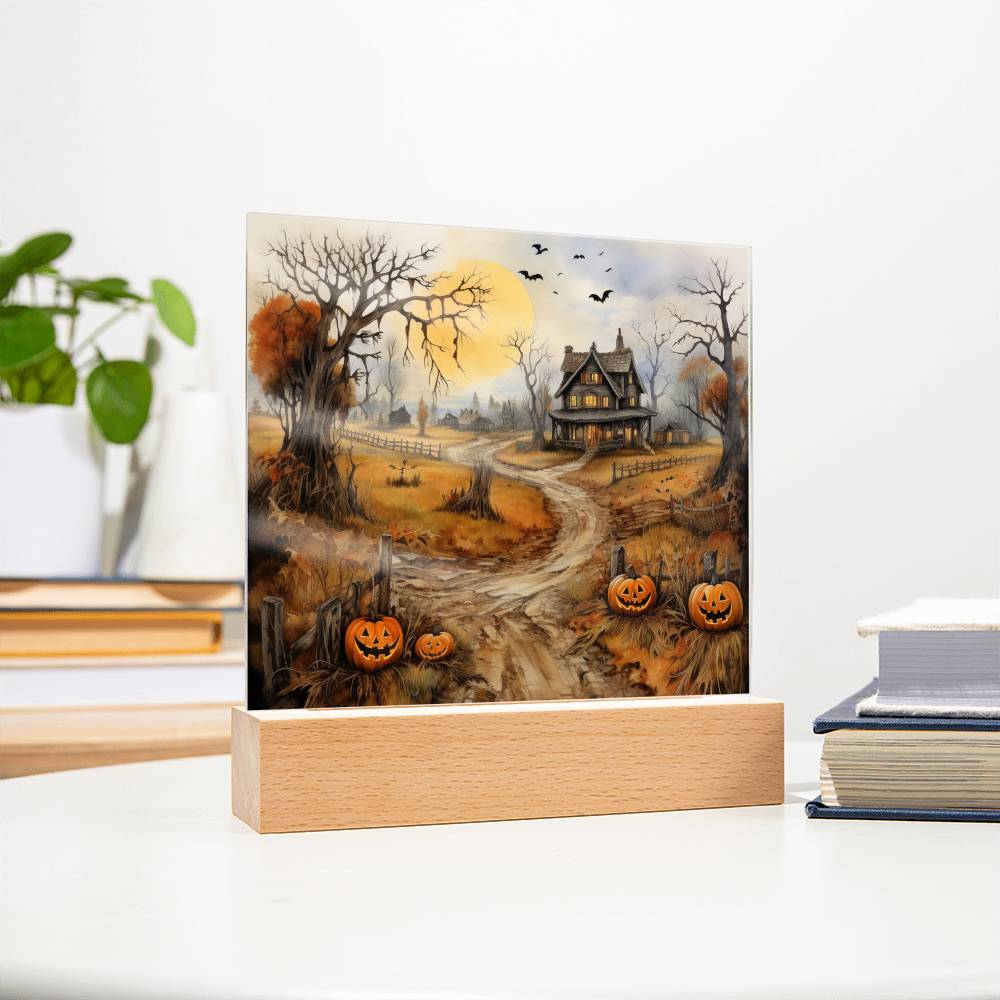 Haunted Elegance: Spooky Halloween Mansion Acrylic Square Plaque with LED Lighted Wooden Base