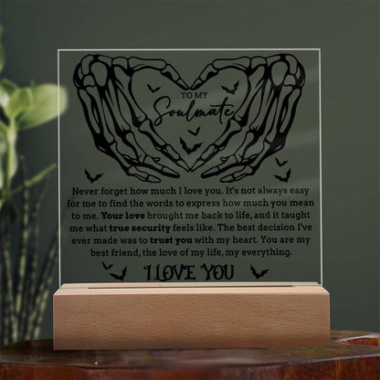 Soulmate - True Security - Halloween Acrylic Square Plaque with LED Lighted Wooden Base