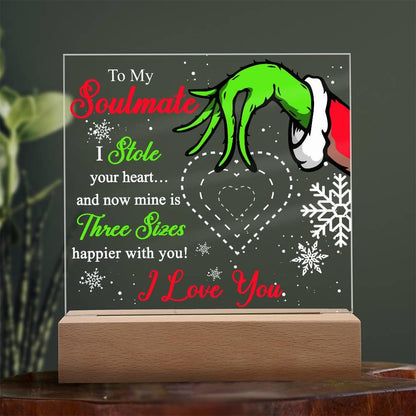 Soulmate Gift - Stole My Heart - Christmas Acrylic Plaque with Lighted LED wooden Base