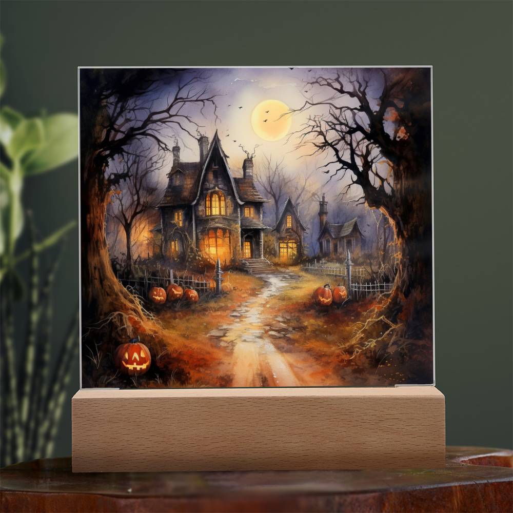 Ghostly Manor: Halloween Acrylic Square Plaque with LED Lighted Wooden Base