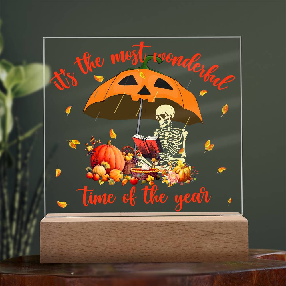 Halloween Decor - Most Wonderful Time of The Year Acrylic Square Plaque with LED Wooden Base