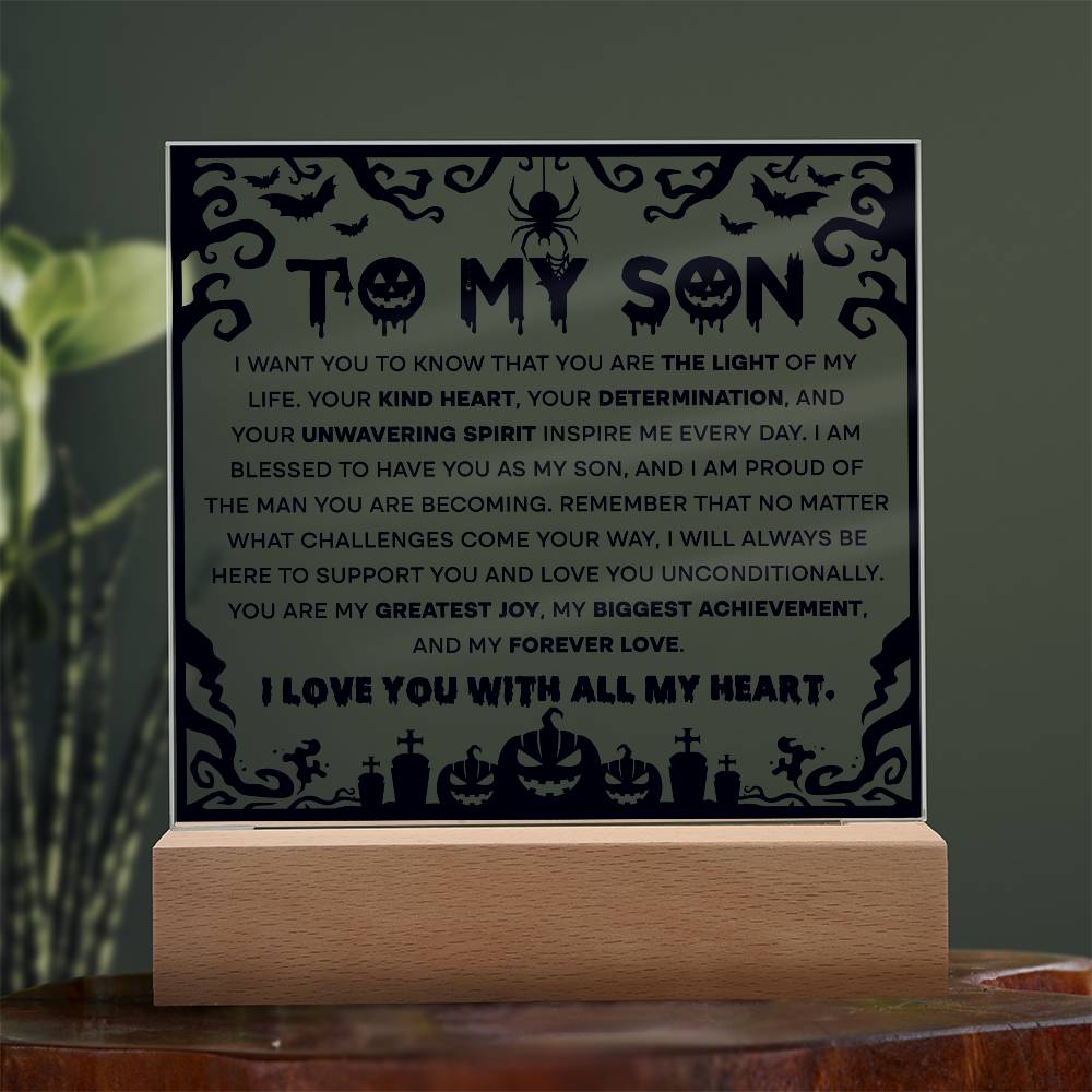 Son - Proudest Achievement - Halloween Acrylic Square Plaque with LED Wooden Base