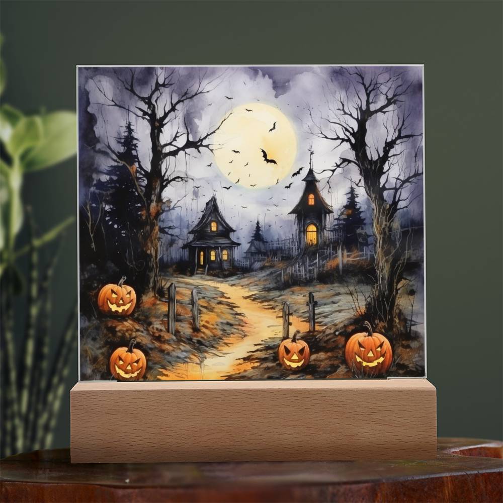 Halloween Haunt: Detailed Mansion Acrylic Plaque with LED Lighted Wooden Base