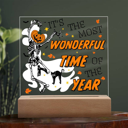 Halloween Decor - The Most Wonderful Time of the Year Acrylic Square Plaque with LED Wooden Base