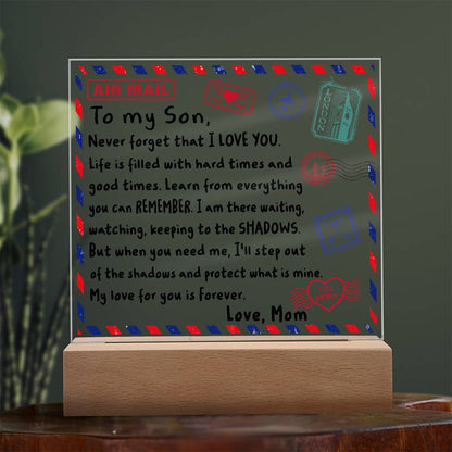 Letter To My Son, Love, Mom Acrylic Square Plaque with LED Wooden Base