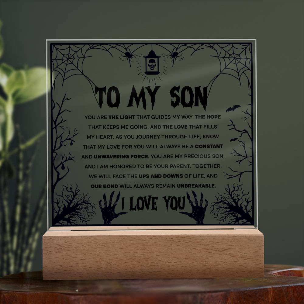 Son - Unwavering Force - Halloween Acrylic Square Plaque with LED Wooden Base