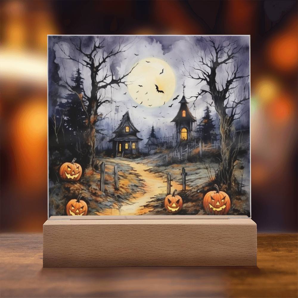 Halloween Haunt: Detailed Mansion Acrylic Plaque with LED Lighted Wooden Base