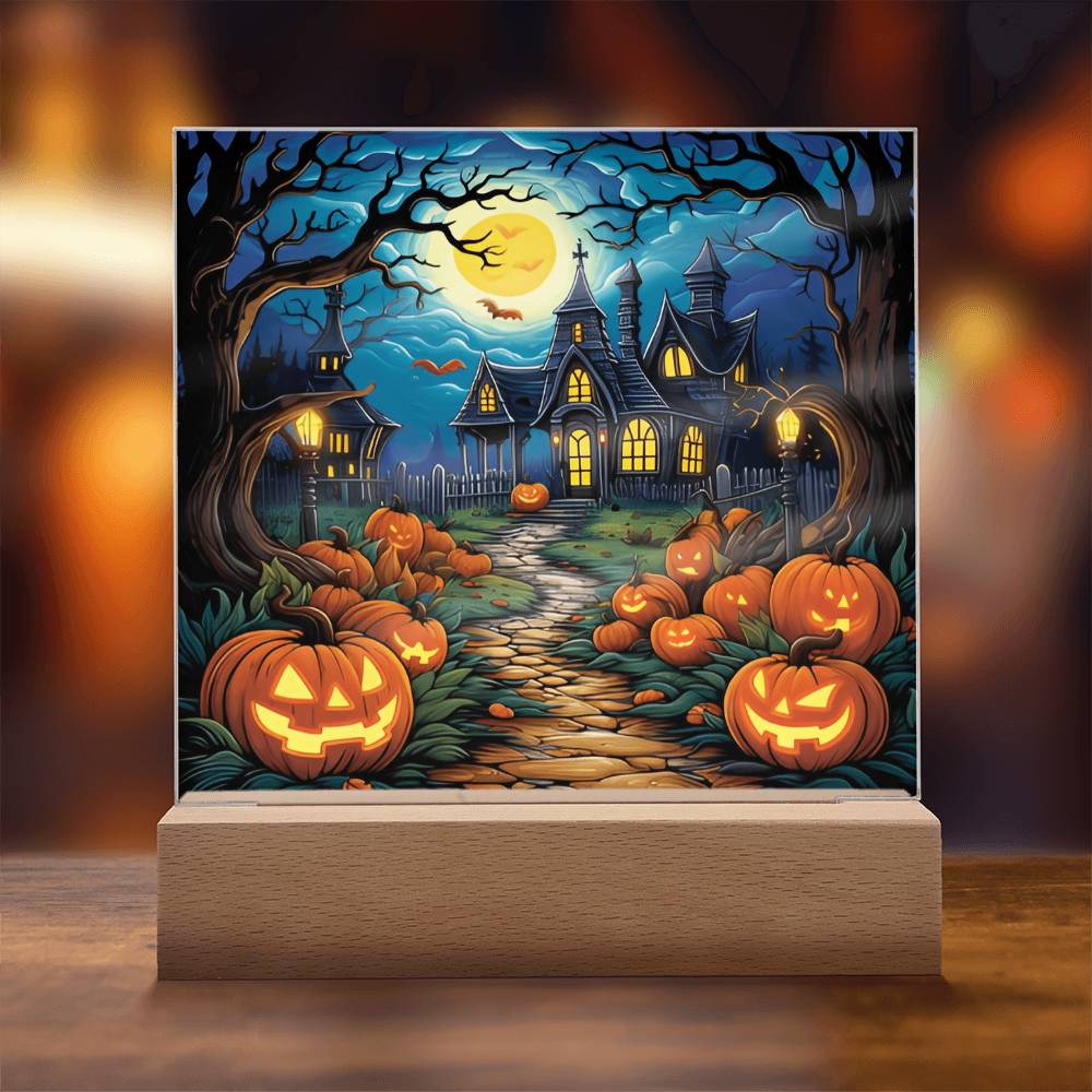 Halloween Decor Haunted Mansion Acrylic Square Plaque with LED Wooden Base