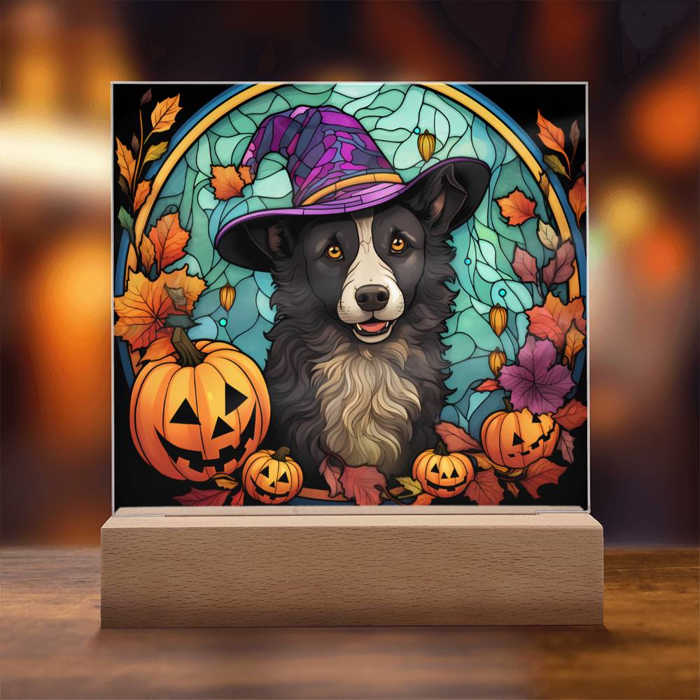 Dog Halloween Portrait Stained Glass Acrylic Plaque with LED Lighted Wooden Base