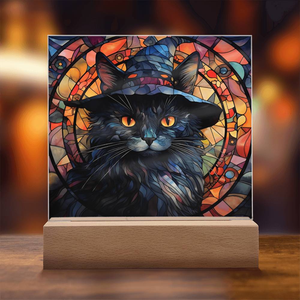 Halloween Decor - Spooky Black Cat Acrylic Square Plaque with LED Wooden Base