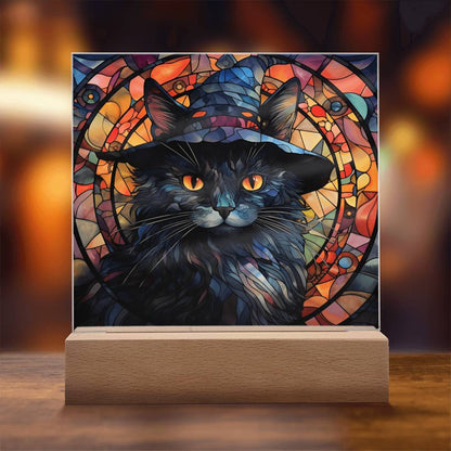 Halloween Decor - Spooky Black Cat Acrylic Square Plaque with LED Wooden Base