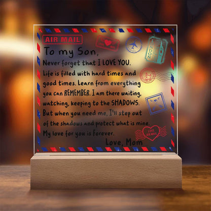 Letter To My Son, Love, Mom Acrylic Square Plaque with LED Wooden Base