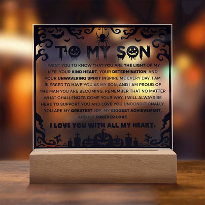 Son - Proudest Achievement - Halloween Acrylic Square Plaque with LED Wooden Base